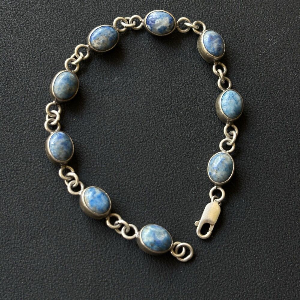 Vintage 925 Silver Denim Lapis Oval Link Bracelet Minimalist